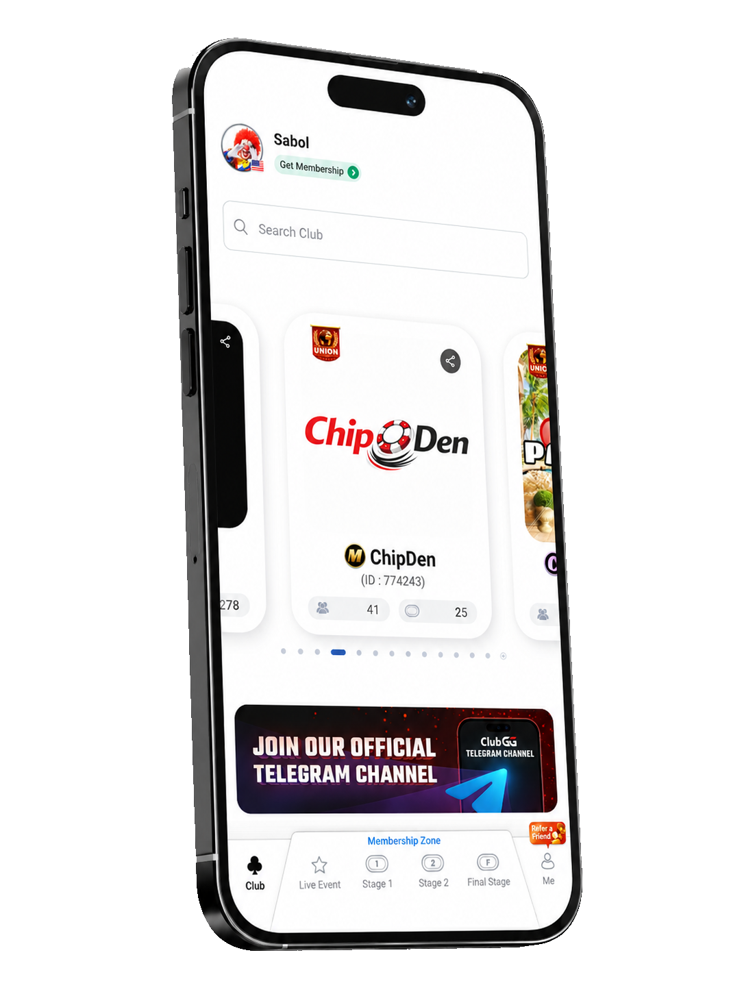ChipDen club card in the ClubGG app